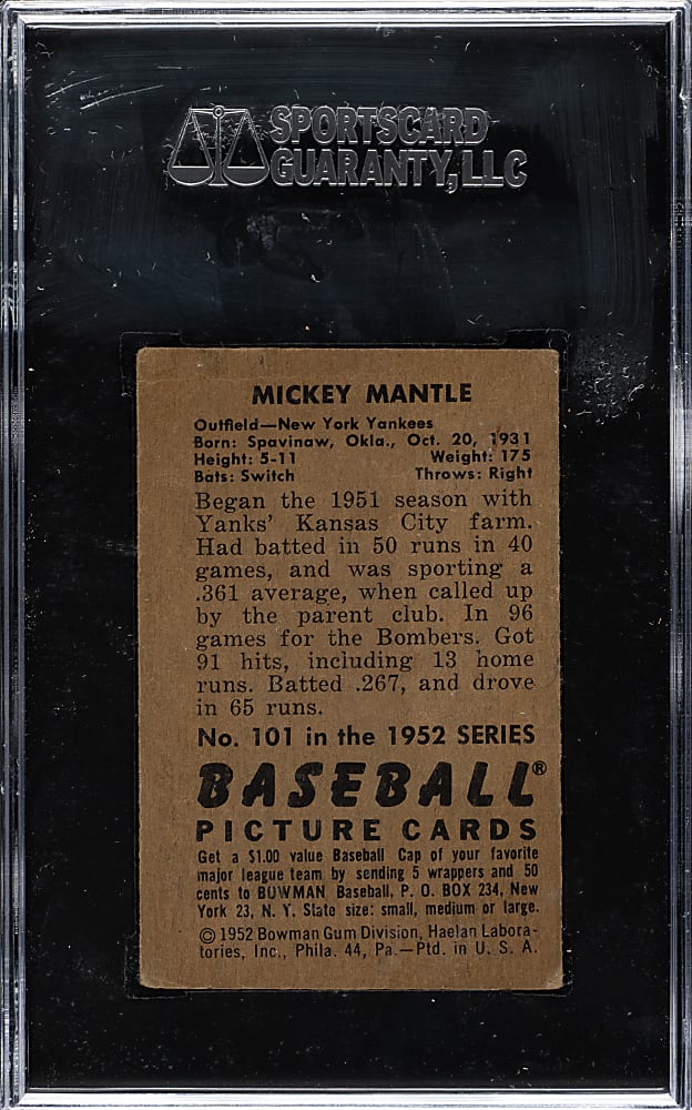 1952 Bowman #101 Mickey Mantle SGC VG 3