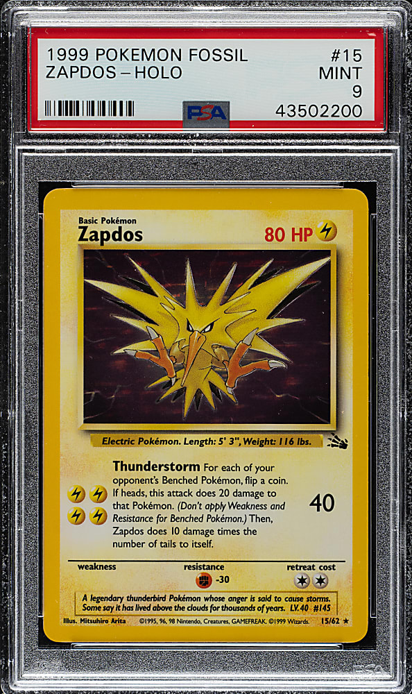 1999 Pokemon Fossil #15 Zapdos Holographic PSA MINT 9