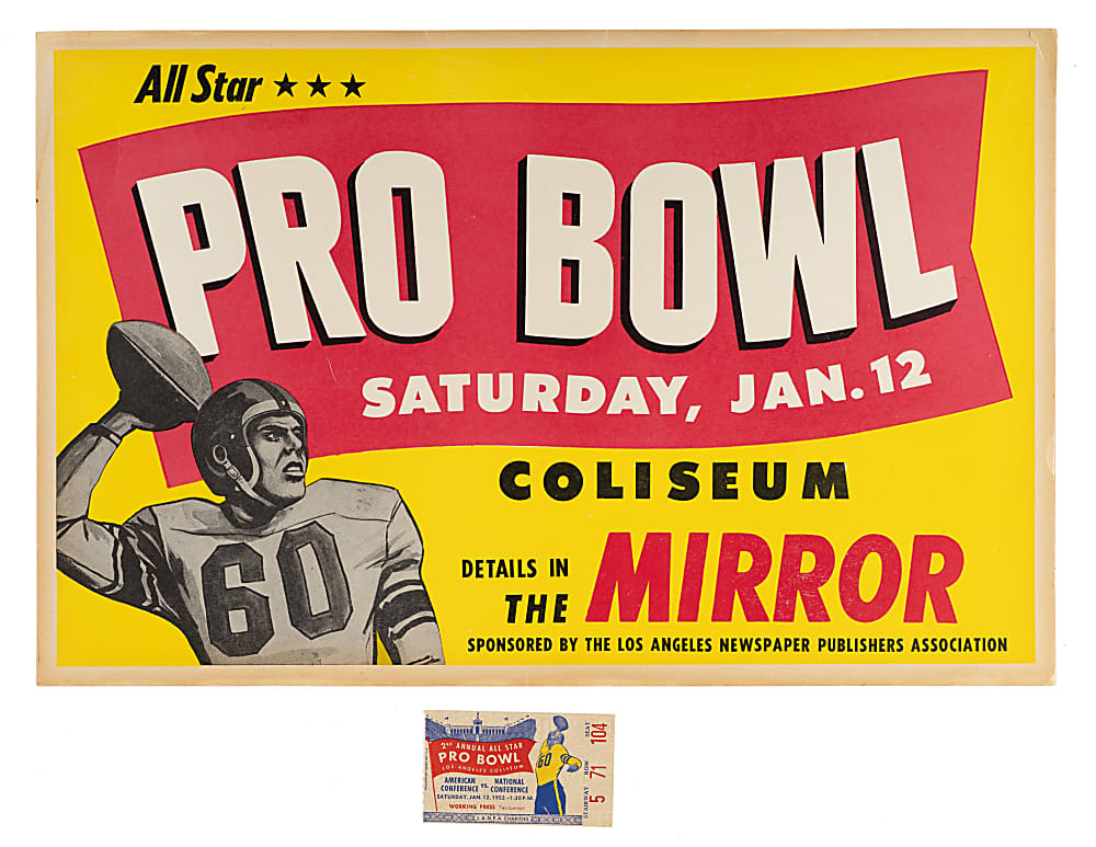 1952 Second Annual NFL All-Star Pro Bowl Broadside with Otto Graham and Ticket Stub Pair