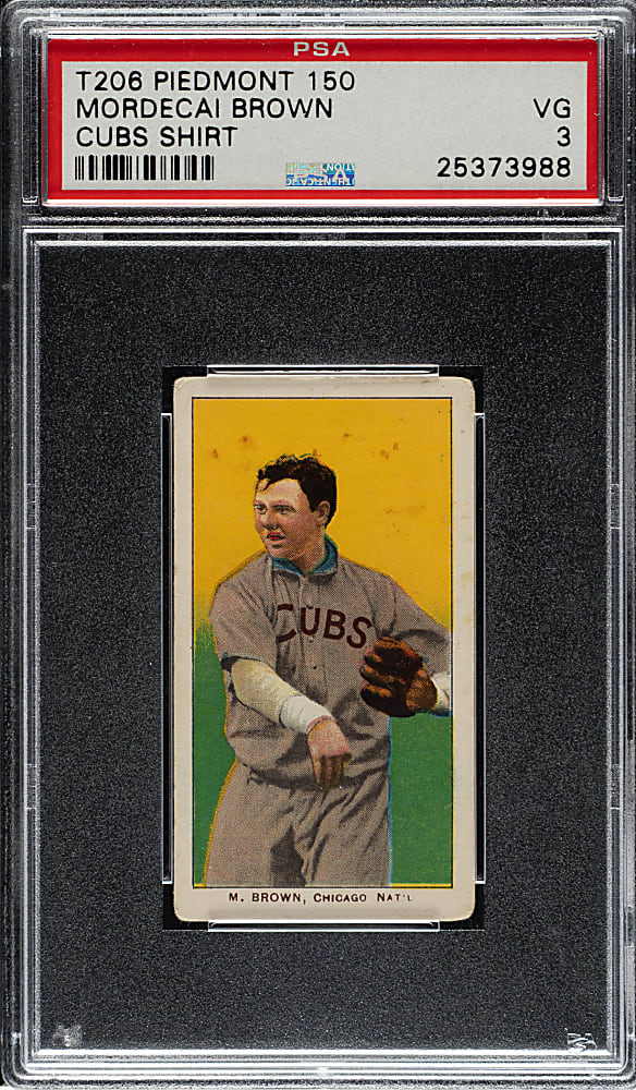 1909-1911 T206 White Border Mordecai Brown Cubs on Shirt PSA VG 3