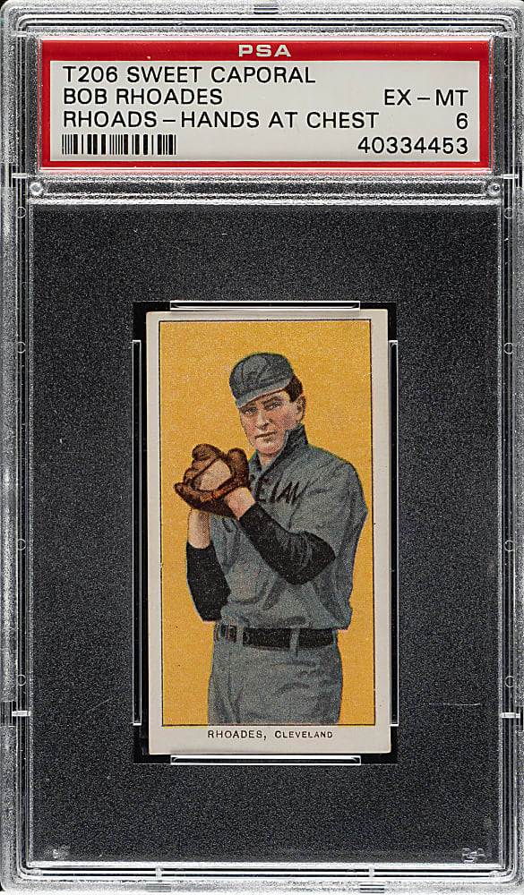 1909-1911 T206 White Border Bob Rhoades Hands at Chest PSA EX-MT 6
