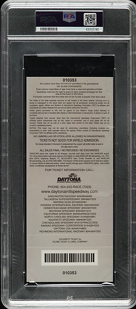 February 18, 2001 Daytona 500 Full Ticket PSA EX-MT 6 - Dale Earnhardt's Last Race
