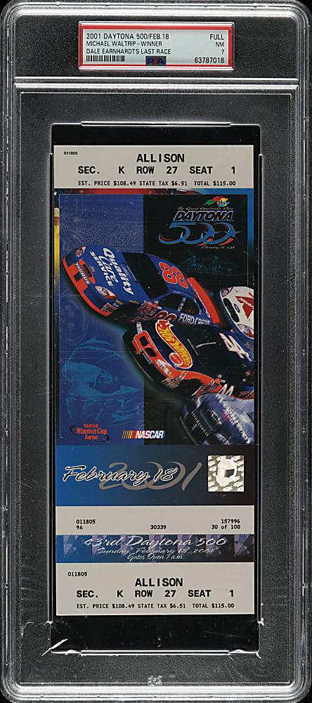 February 18, 2001 Daytona 500 Full Ticket PSA NM 7 - Dale Earnhardt's Last Race