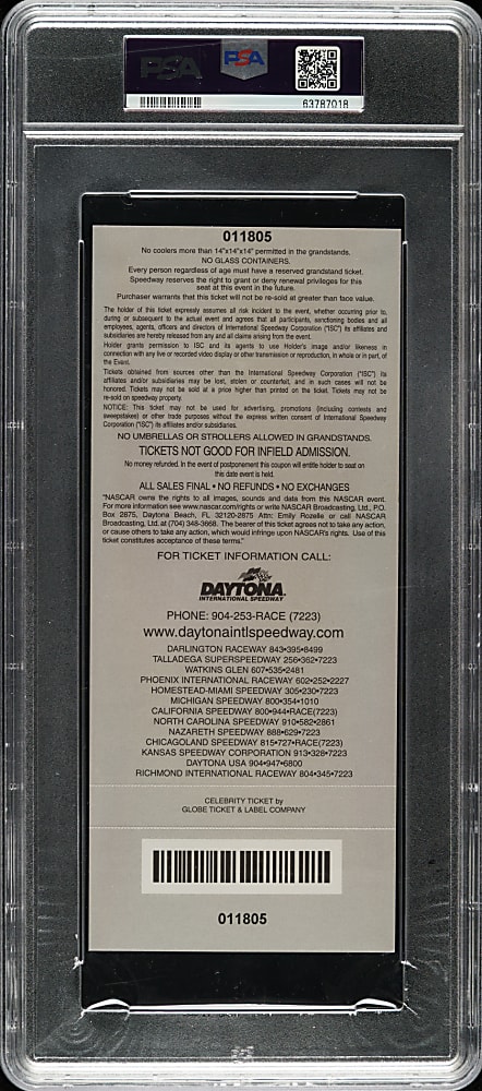 February 18, 2001 Daytona 500 Full Ticket PSA NM 7 - Dale Earnhardt's Last Race