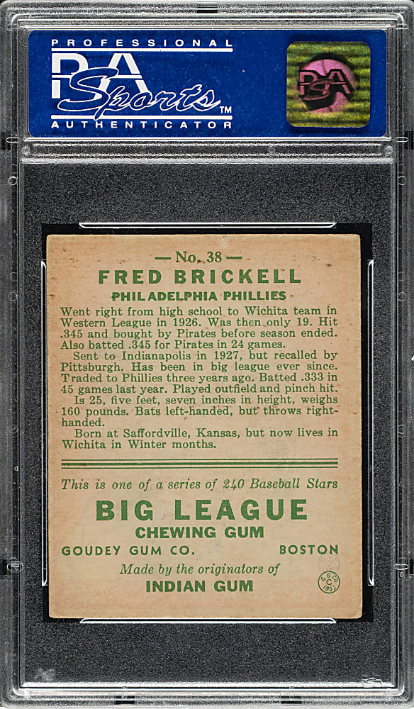1933 R319 Goudey #38 Fred Brickell PSA EX 5