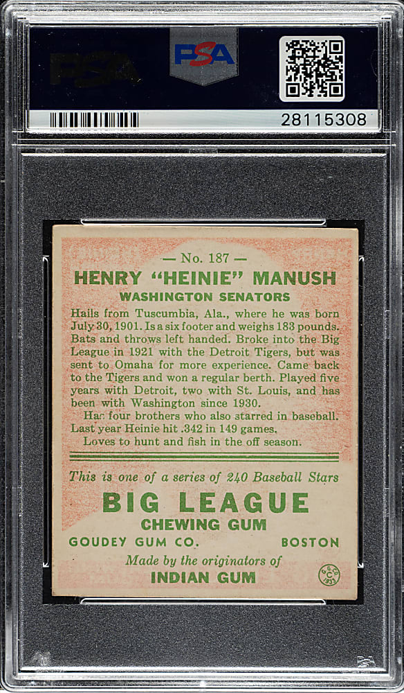 1933 R319 Goudey #187 Heinie Manush PSA EX 5