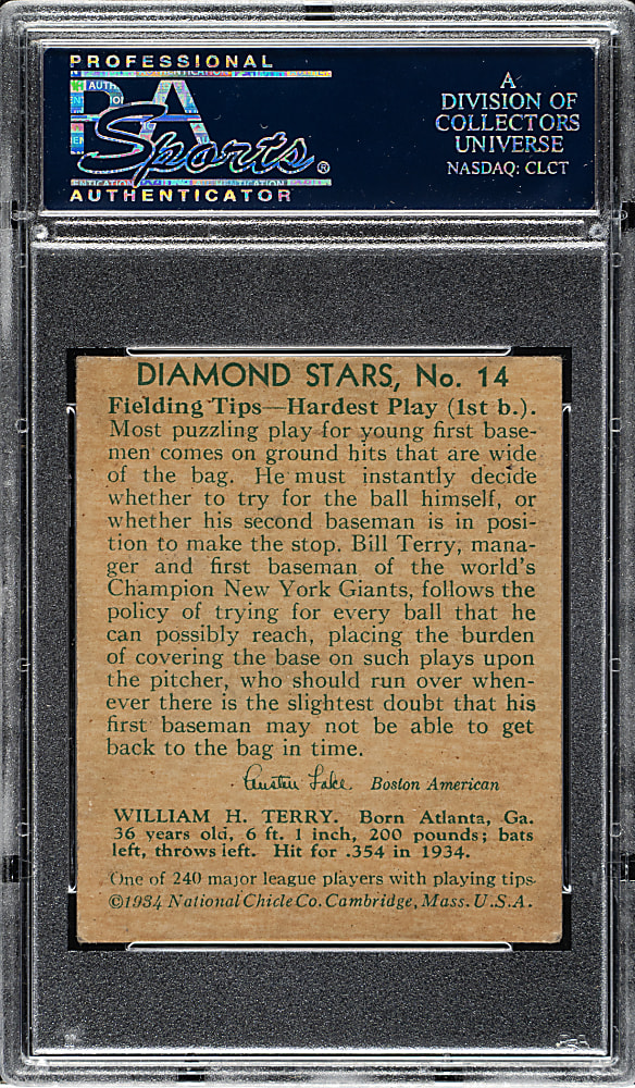 1934-1936 R327 Diamond Stars #14 Bill Terry (1935 Green Back) PSA VG-EX 4