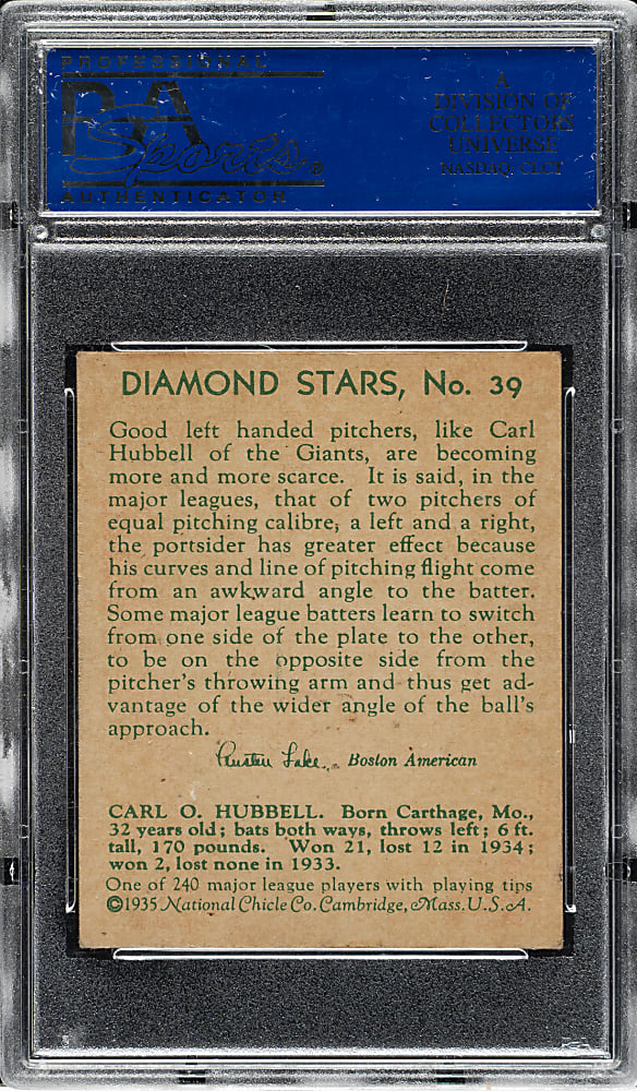 1934-1936 R327 Diamond Stars #39 Carl Hubbell (1935 Green Back) PSA EX-MT 6