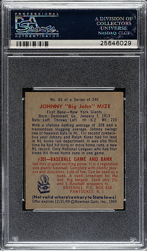 1949 Bowman #85 Johnny Mize PSA EX-MT+ 6.5
