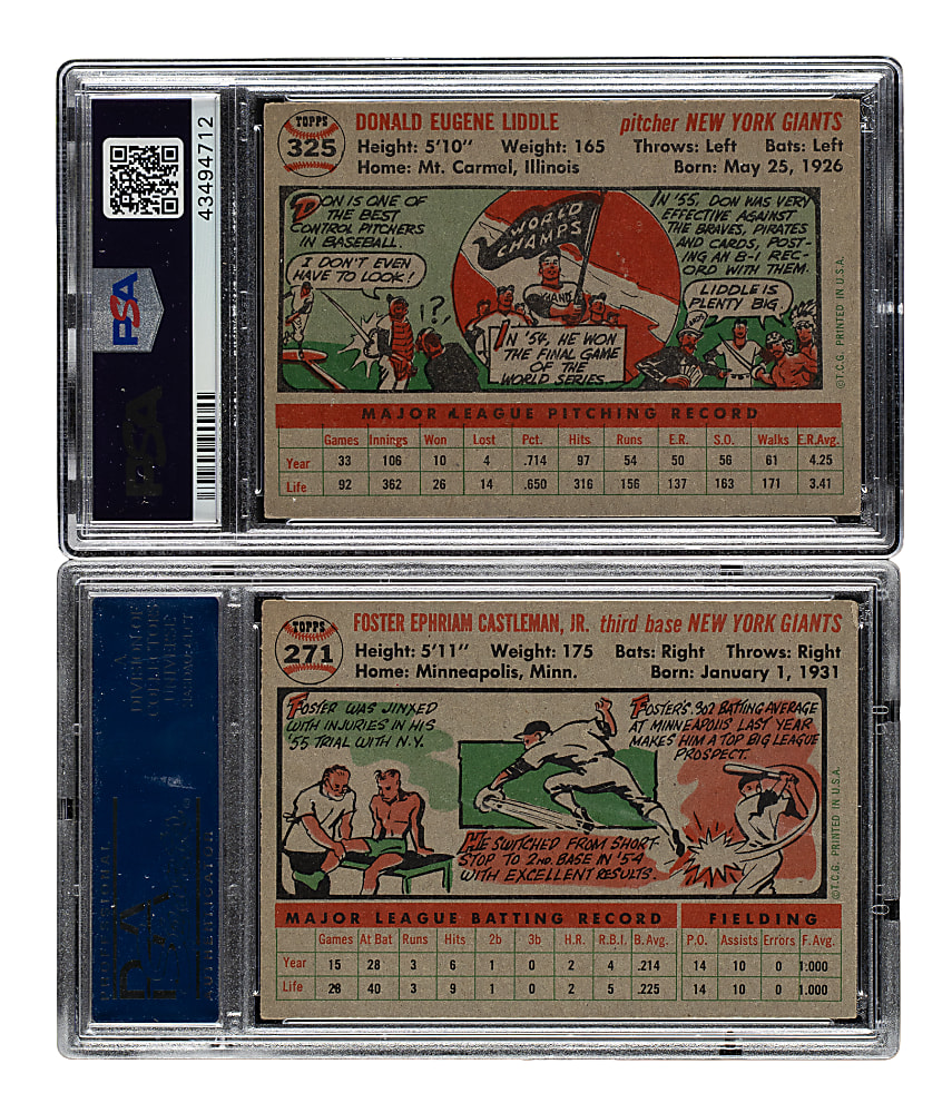 1956 Topps #271 Foster Castleman and #325 Don Liddle PSA-Graded Pair