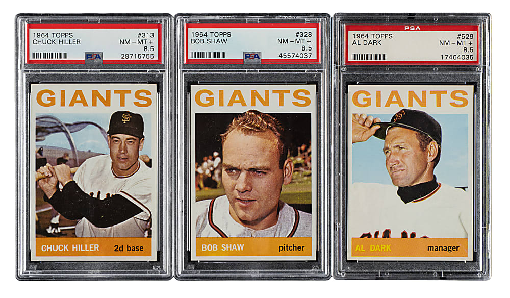 1964 Topps PSA NM-MT+ 8.5 Trio: Chuck Hiller, Bob Shaw, and Al Dark