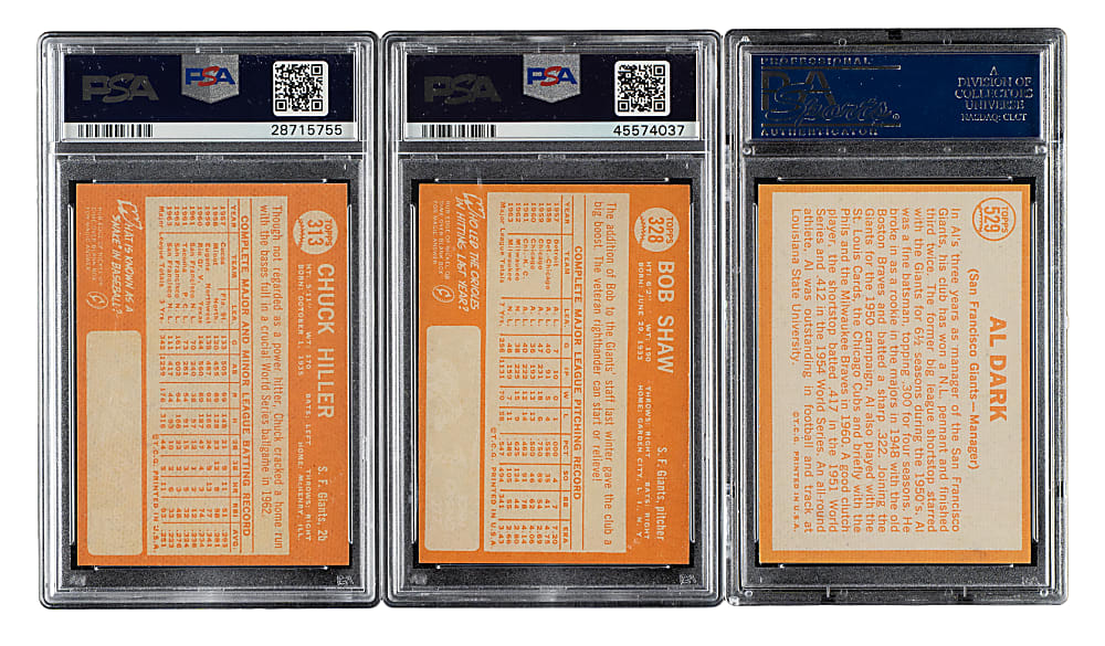 1964 Topps PSA NM-MT+ 8.5 Trio: Chuck Hiller, Bob Shaw, and Al Dark