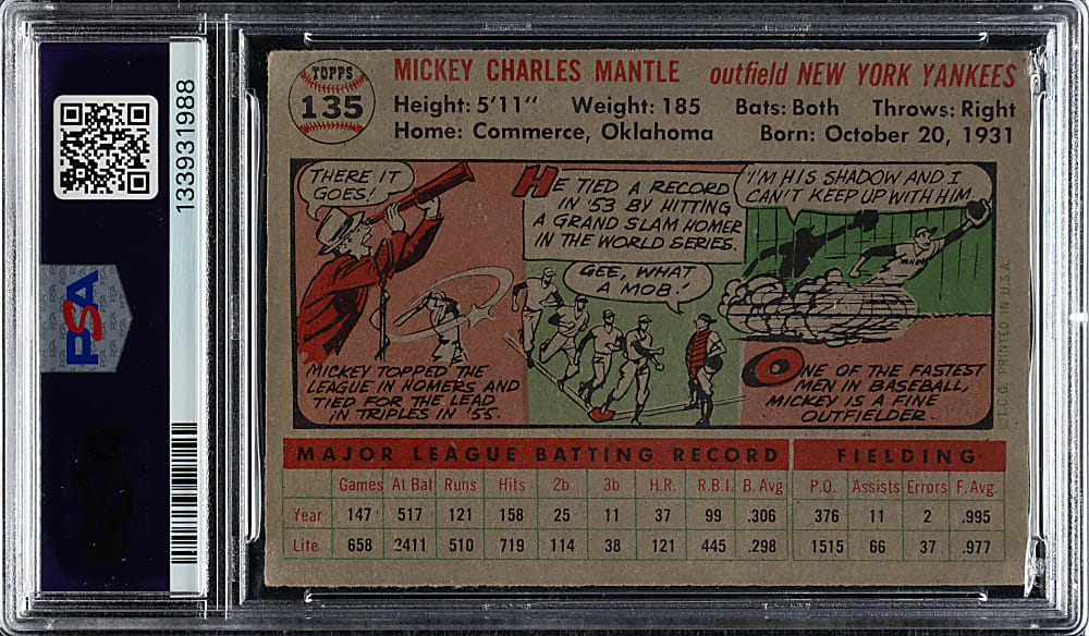 1956 Topps #135 Mickey Mantle Gray Back PSA VG 3