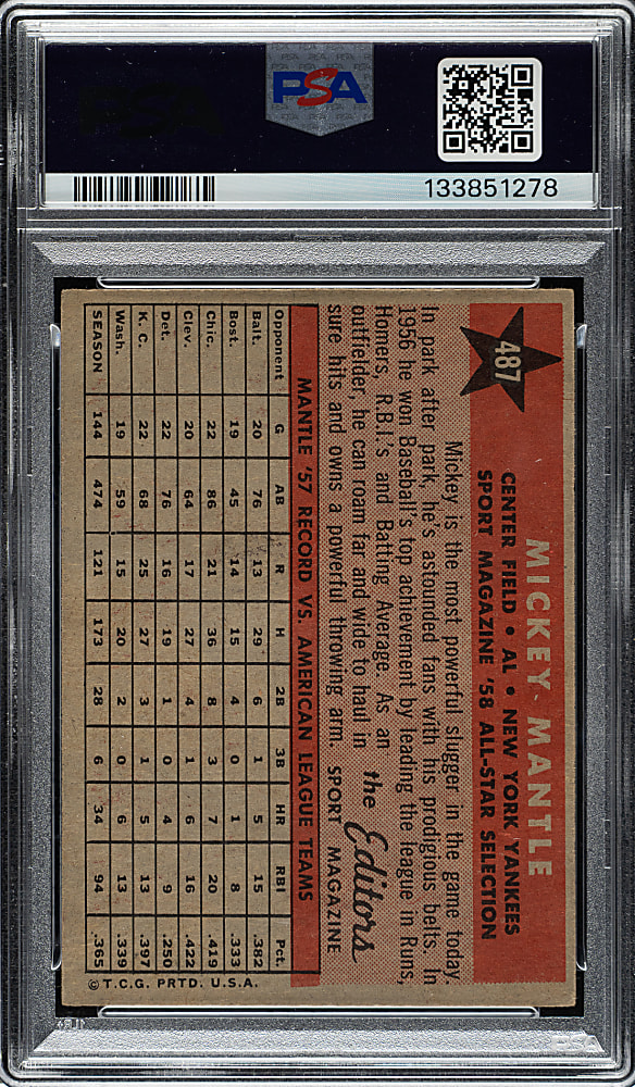 1958 Topps #487 Mickey Mantle All-Star PSA VG-EX 4