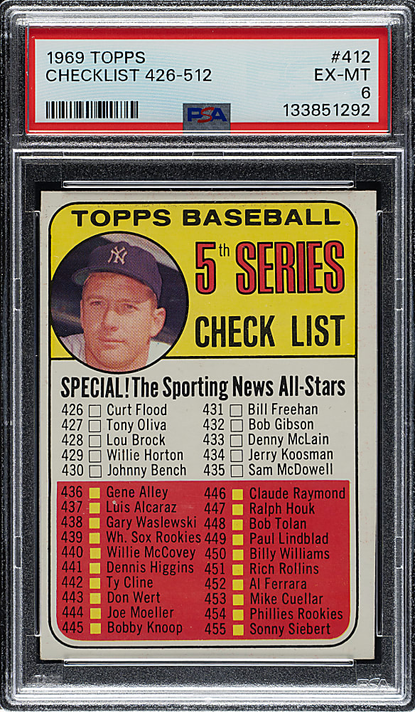 1969 Topps #412 Checklist with Mantle PSA EX-MT 6