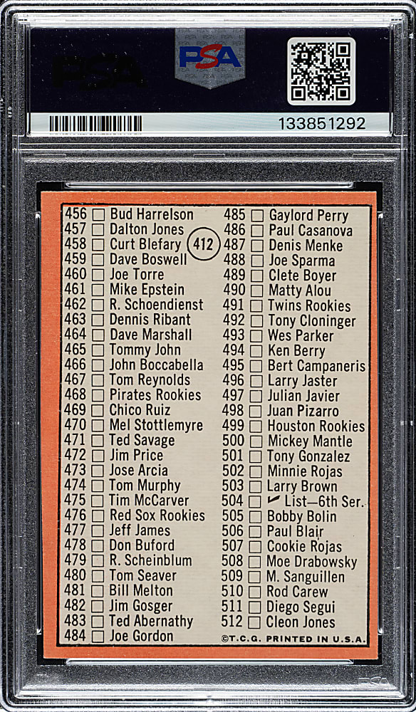 1969 Topps #412 Checklist with Mantle PSA EX-MT 6
