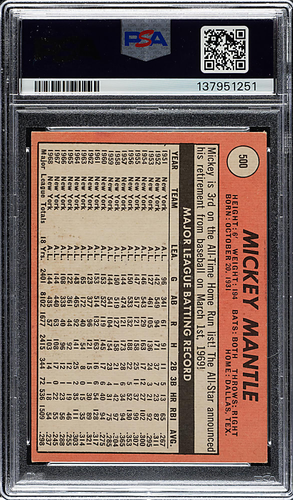 1969 Topps #500 Mickey Mantle PSA VG-EX 4