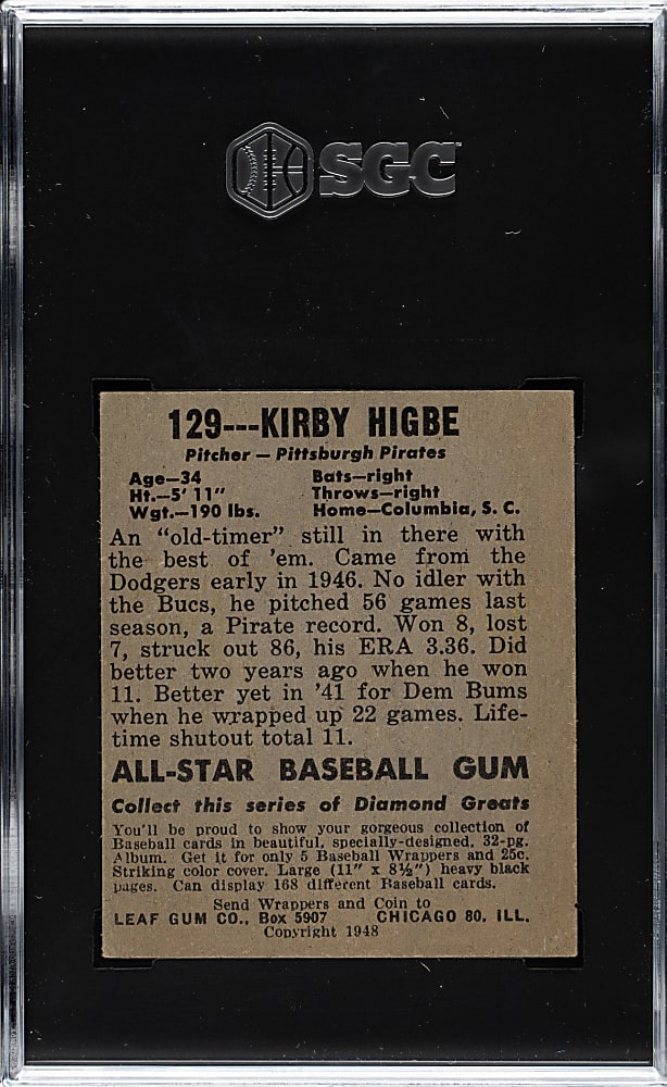 1948-1949 Leaf #129 Kirby Higbe Short Print SGC VG/EX+ 4.5