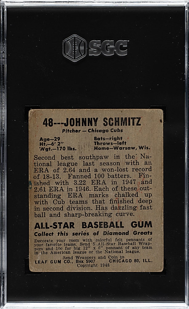 1948-1949 Leaf #48 Johnny Schmitz Short Print SGC GOOD 2