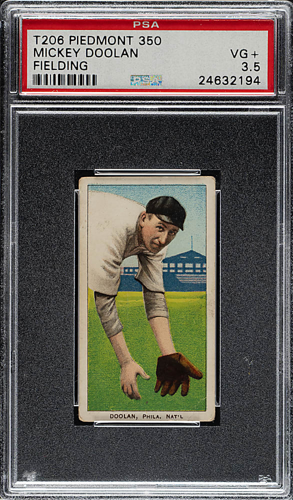 1909-1911 T206 White Border Mickey Doolan Fielding PSA VG+ 3.5