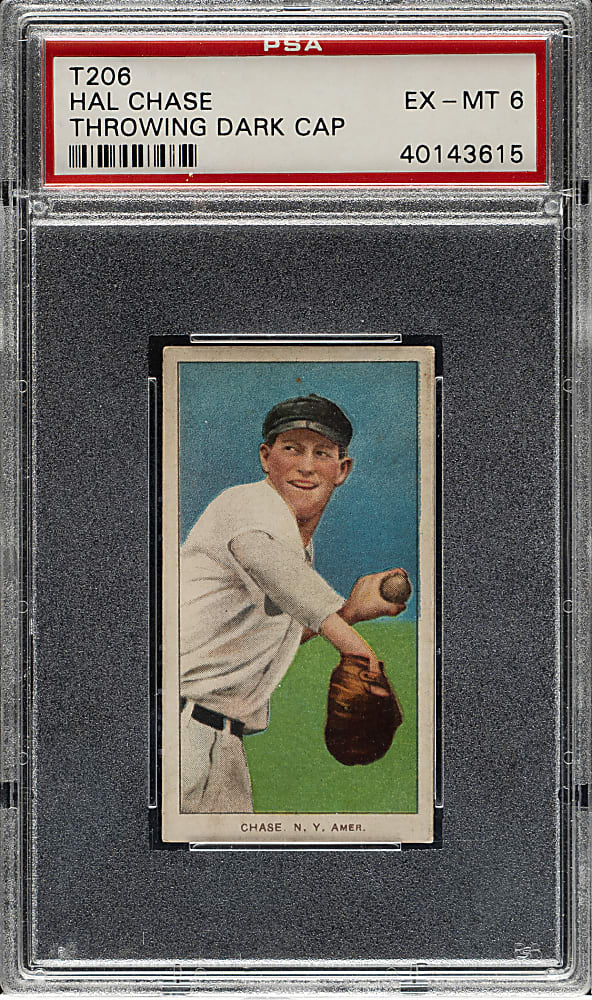 1909-1911 T206 White Border Hal Chase Throwing Dark Cap PSA EX-MT 6