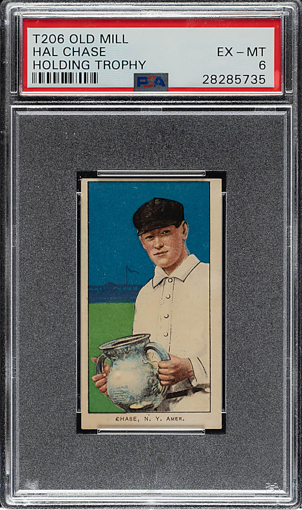 1909-1911 T206 White Border Hal Chase Holding Trophy PSA EX-MT 6 - Old Mill Back