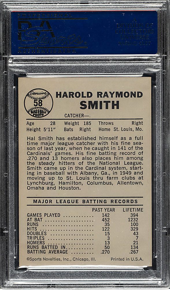 1960 Leaf #58 Hal Smith Team Missing on Back PSA VG-EX 4