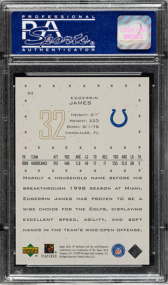 1999 Upper Deck SP Authentic Football #94 Edgerrin James Rookie #1,093/1,999 PSA MINT 9