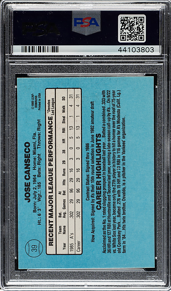 Signed 1986 Donruss #39 Jose Canseco Rookie PSA/DNA MINT 9