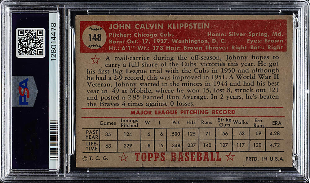 1952 Topps #148 Johnny Klippstein PSA VG-EX 4 - "Canadian" Gray Back