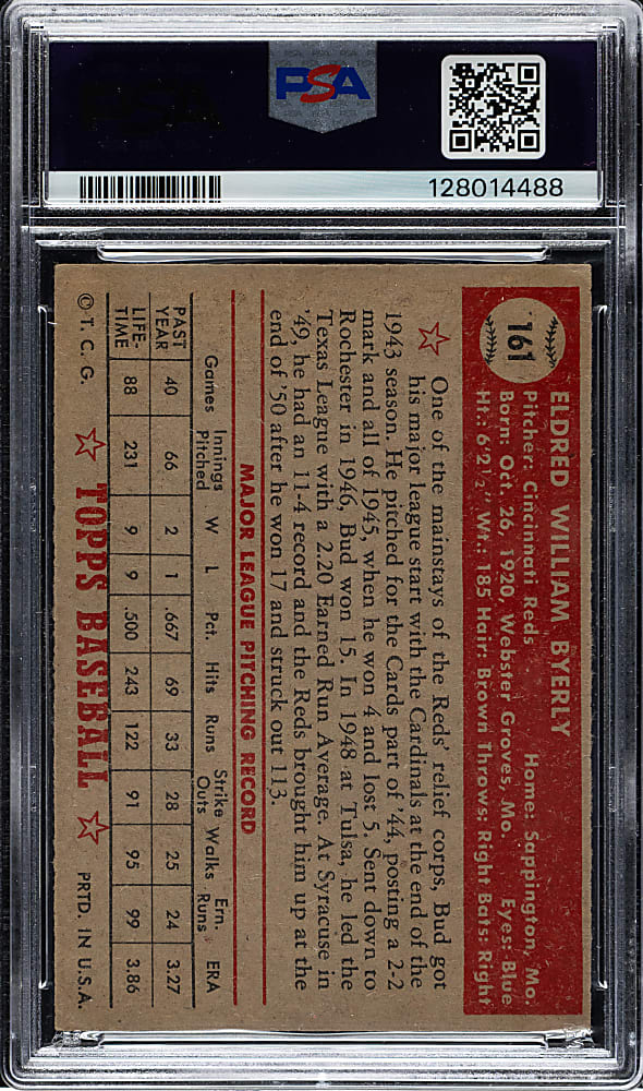 1952 Topps #161 Bud Byerly PSA VG-EX 4 - "Canadian" Gray Back