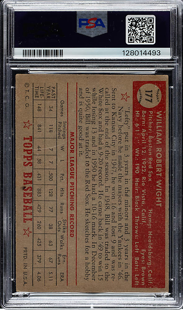 1952 Topps #177 Bill Wight PSA VG-EX 4 - "Canadian" Gray Back