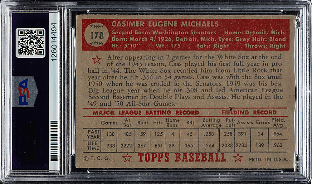 1952 Topps #178 Cass Michaels PSA VG-EX 4 - "Canadian" Gray Back