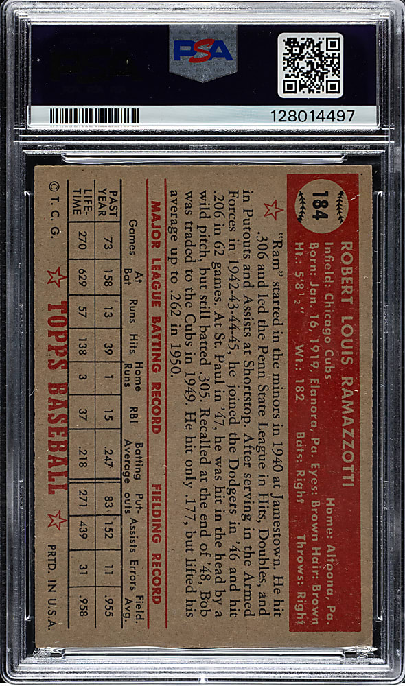 1952 Topps #184 Bob Ramazzotti PSA VG-EX 4 - "Canadian" Gray Back