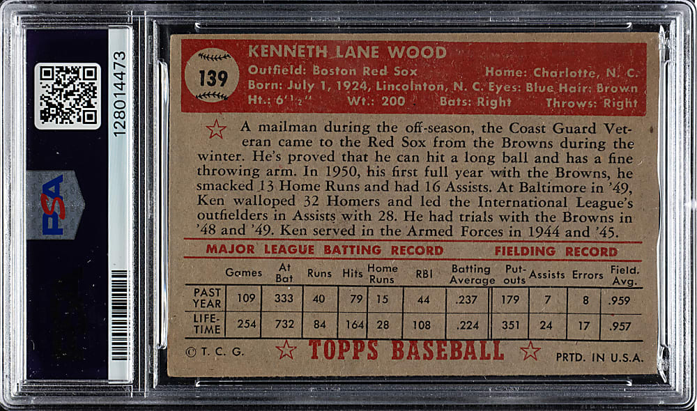 1952 Topps #139 Ken Wood PSA VG+ 3.5 - "Canadian" Gray Back