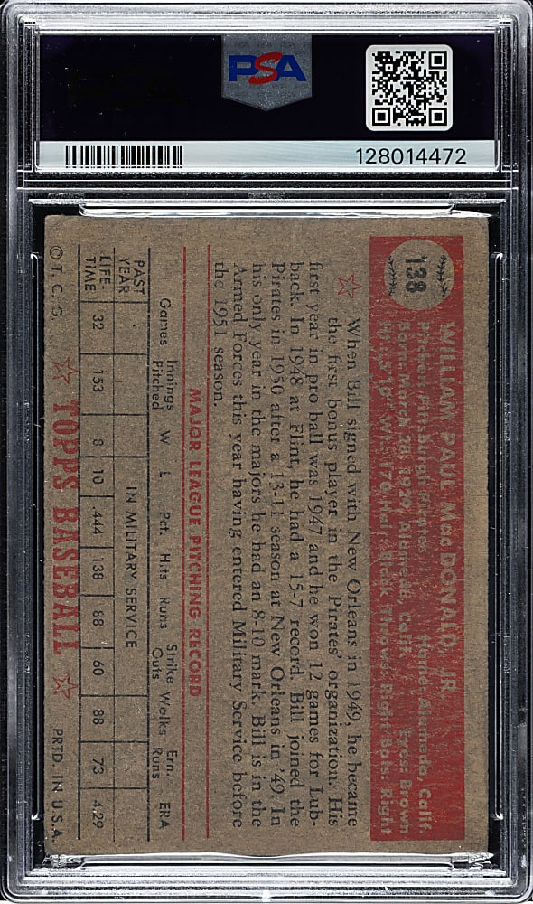 1952 Topps #138 Bill MacDonald PSA VG 3 (MC) - "Canadian" Gray Back