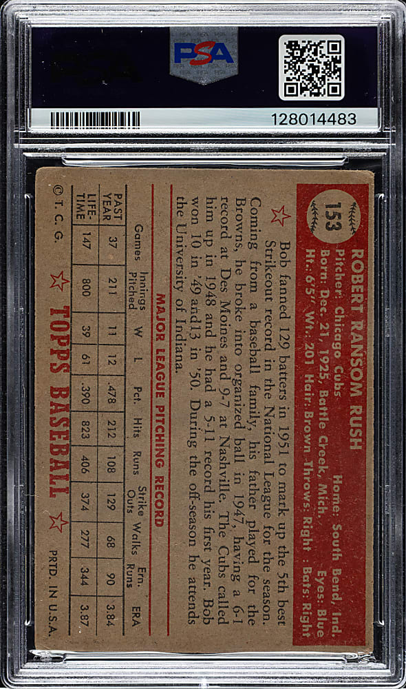 1952 Topps #153 Bob Rush PSA VG 3 - "Canadian" Gray Back
