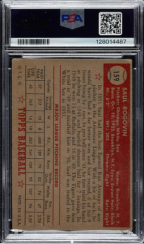 1952 Topps #159 Saul Rogovin PSA VG 3 - "Canadian" Gray Back