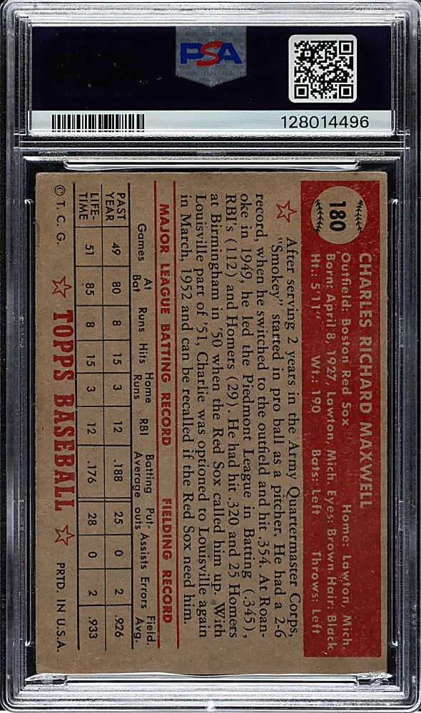 1952 Topps #180 Charley Maxwell PSA VG 3 - "Canadian" Gray Back
