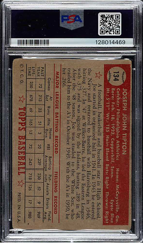 1952 Topps #134 Joe Tipton PSA GOOD 2 - "Canadian" Gray Back