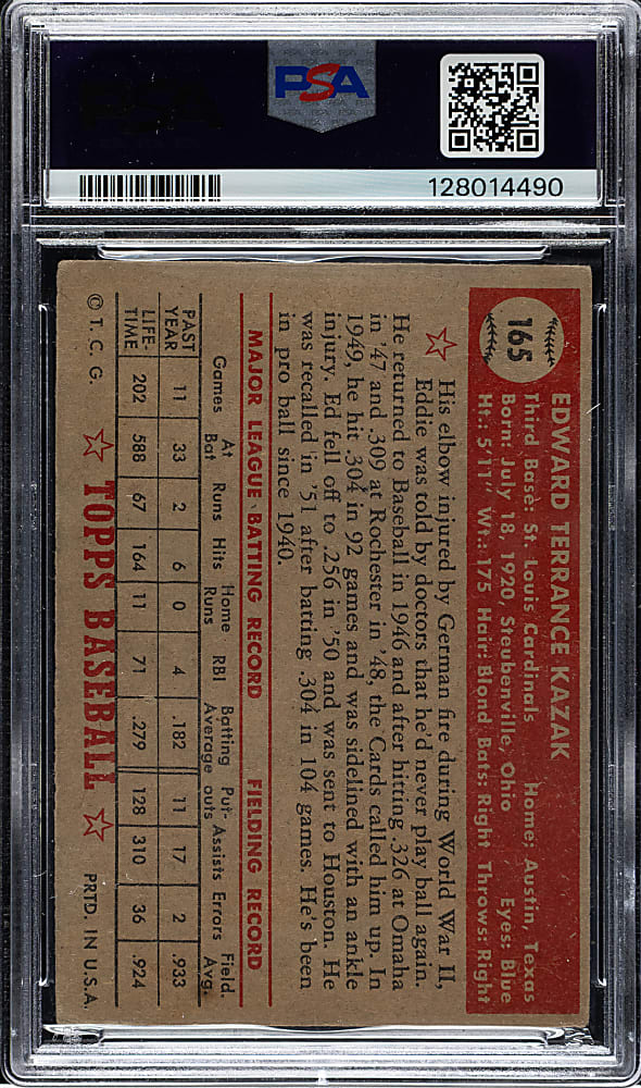 1952 Topps #165 Eddie Kazak PSA GOOD 2 - "Canadian" Gray Back