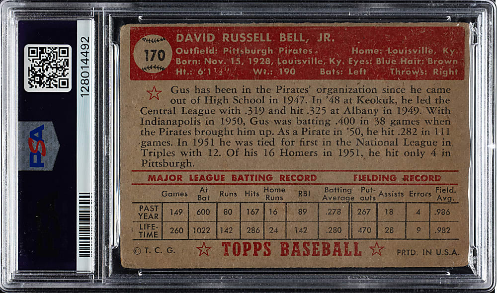 1952 Topps #170 Gus Bell PSA GOOD 2 - "Canadian" Gray Back