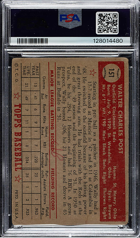 1952 Topps #151 Wally Post PSA FAIR 1.5 (MK) - "Canadian" Gray Back
