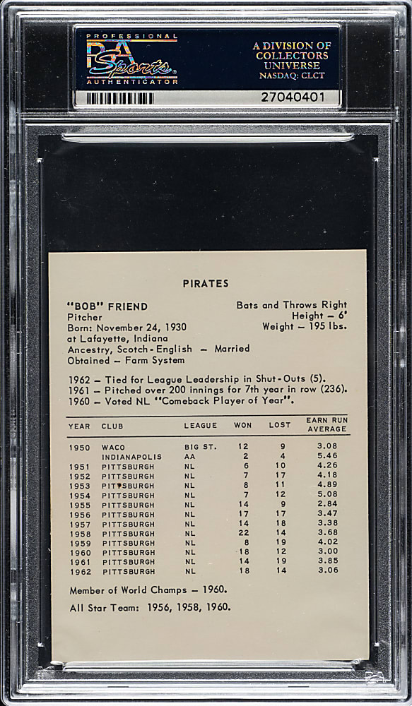 1963 Kahn's Wieners Bob Friend PSA MINT 9