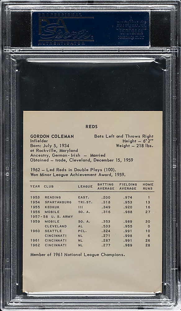 1963 Kahn's Wieners Gordon Coleman PSA MINT 9