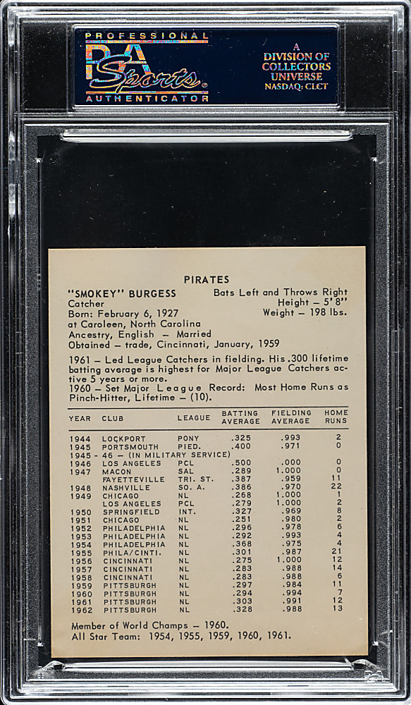 1963 Kahn's Wieners Smoky Burgess PSA MINT 9