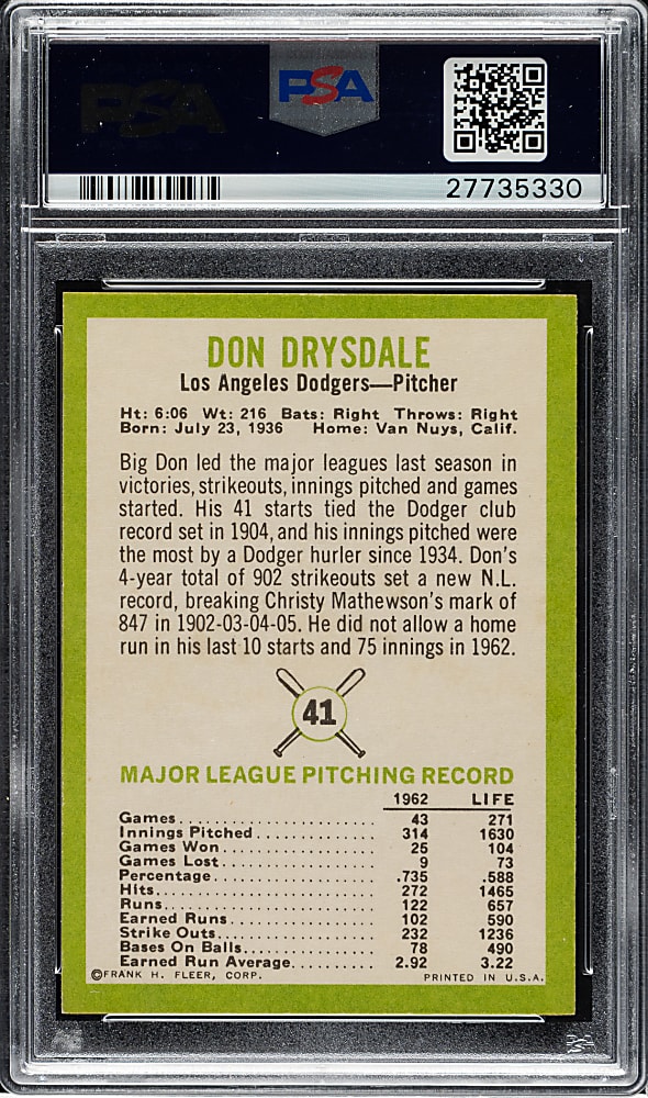 1963 Fleer #41 Don Drysdale PSA MINT 9