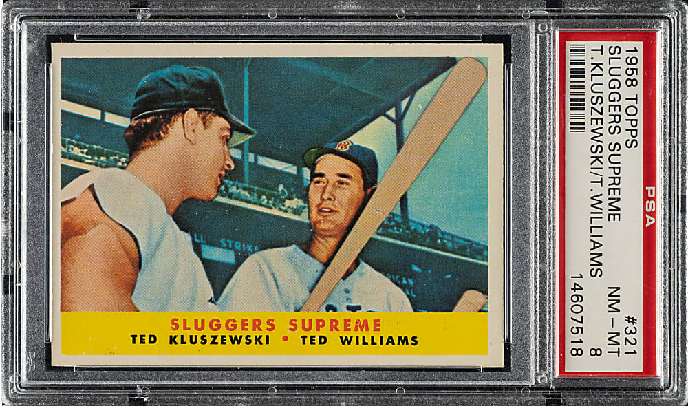 1958 Topps #321 Sluggers Supreme with Ted Williams and Ted Kluszewski PSA NM-MT 8