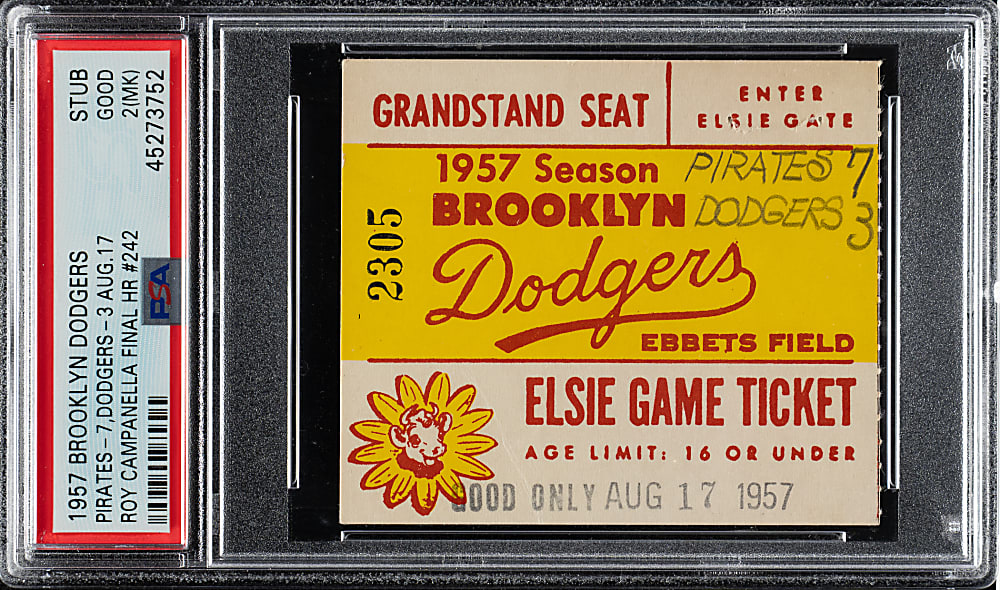 August 17, 1957 Brooklyn Dodgers (vs. Pittsburgh Pirates) Ticket Stub PSA GOOD 2 (MK) - Roy Campanella Final Home Run #242
