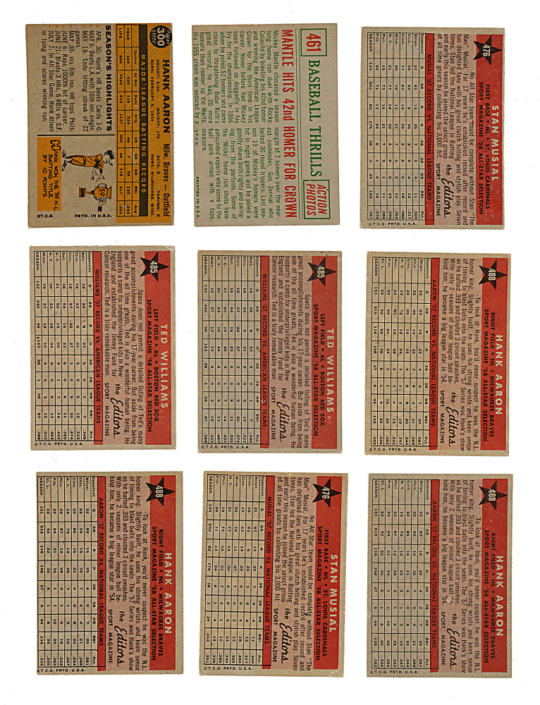 1958 to 1960 Topps Hall of Fame Collection (9): Ted Williams, Hank Aaron, Stan Musial, and Mickey Mantle